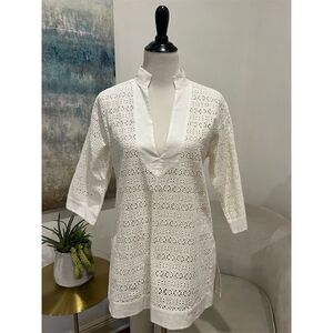 Tory Burch Women's XS White Eyelet Tunic Top V-Neck 3/4 Sleeve Casual